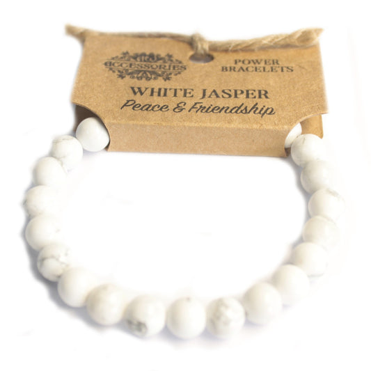 Pulsera brazalete piedras blancas de jaspe blanco con etiqueta de cartón para colgar en expositor