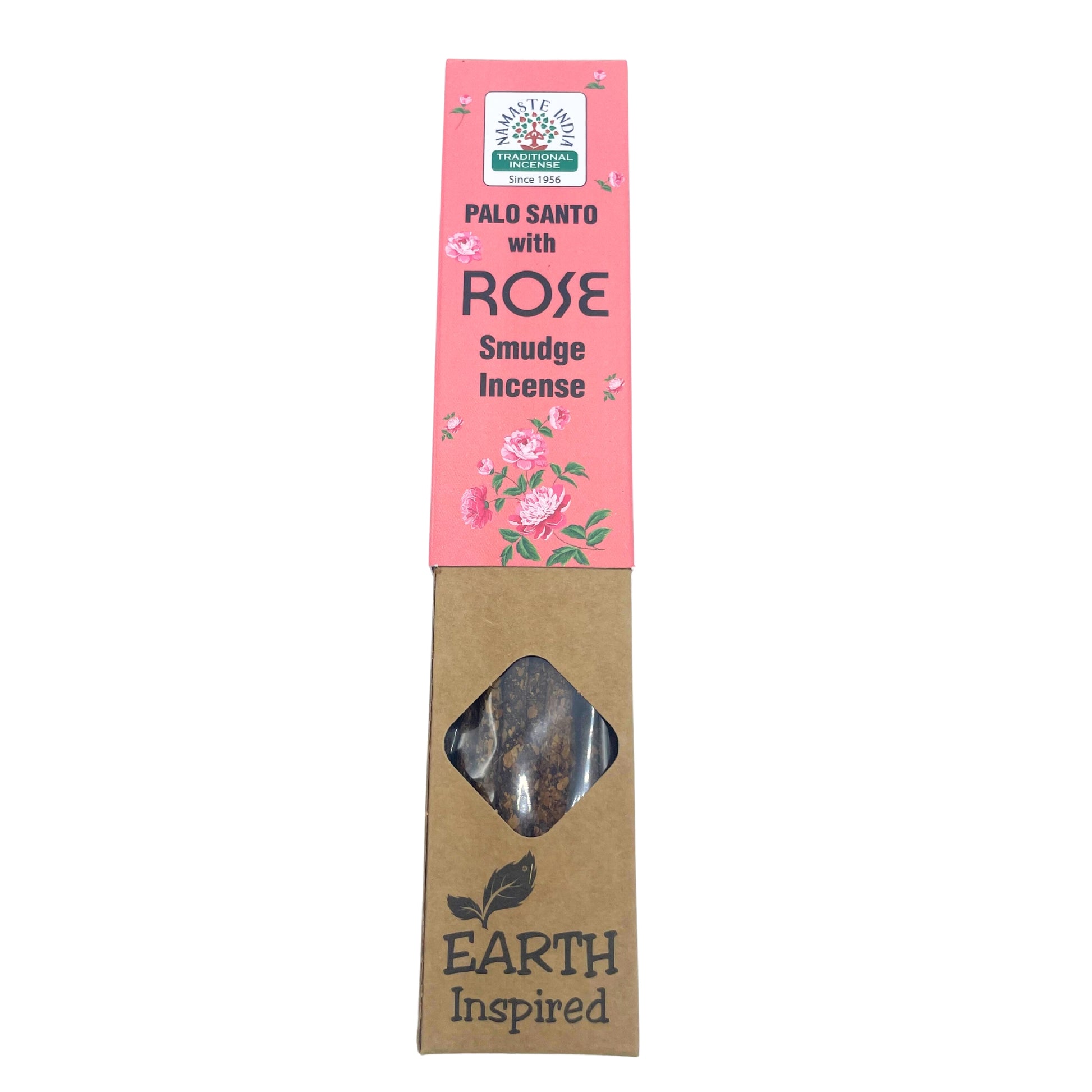 Paquete de incienso de Palo Santo con rosas en paquete de color rosa y un sello que dice inspirado en la tierra