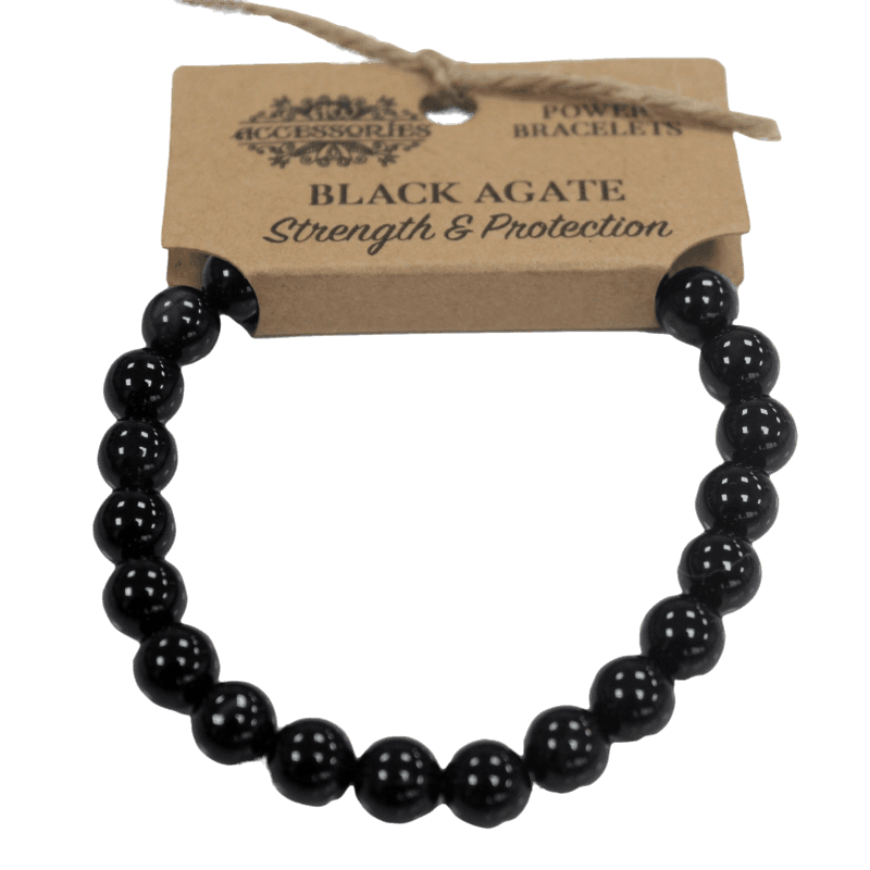 Pulsera brazalete piedras negras de Ágata negra con etiqueta de cartón para colgar en expositor